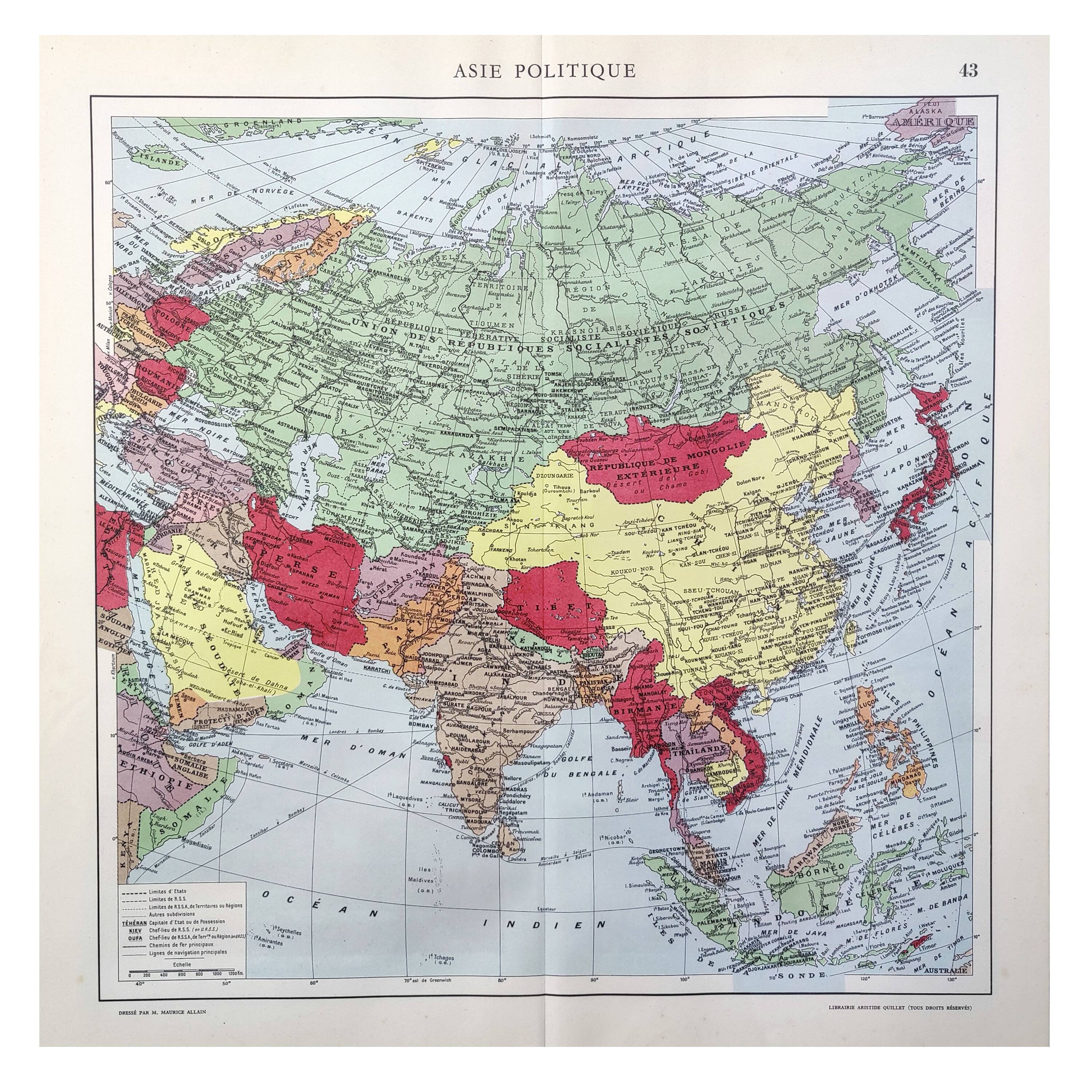 Vintage map Asia China Japan India USSR 43x43cm from 1950
