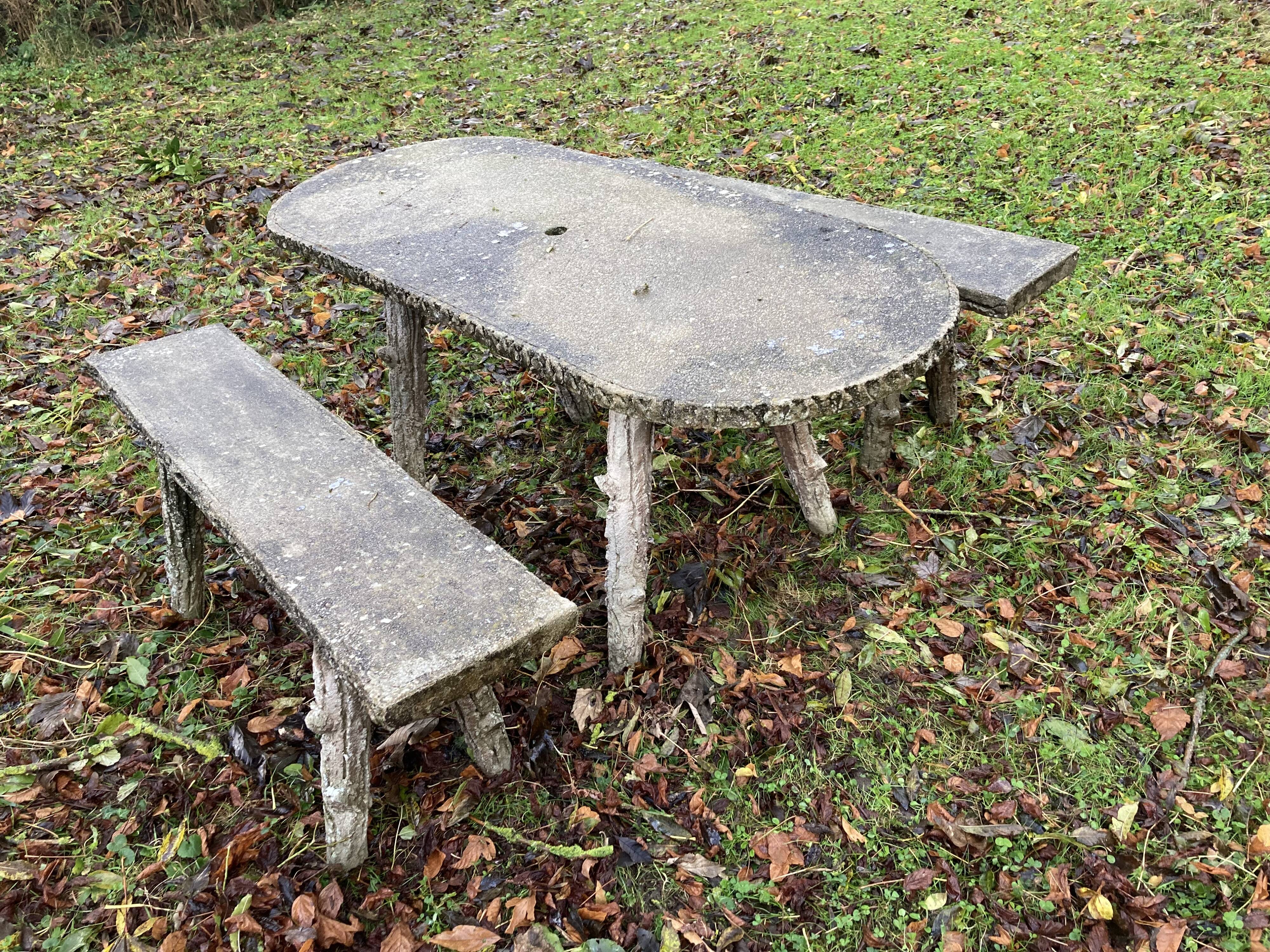 1 table and 2 benches in cement, faux wood, rockery, 1950s. 150cm