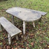 1 table and 2 benches in cement, faux wood, rockery, 1950s. 150cm