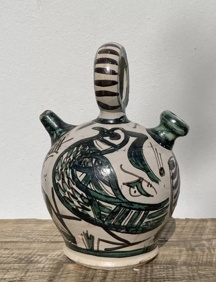 Hand-painted Picasso style ceramic bird jug signed Punter