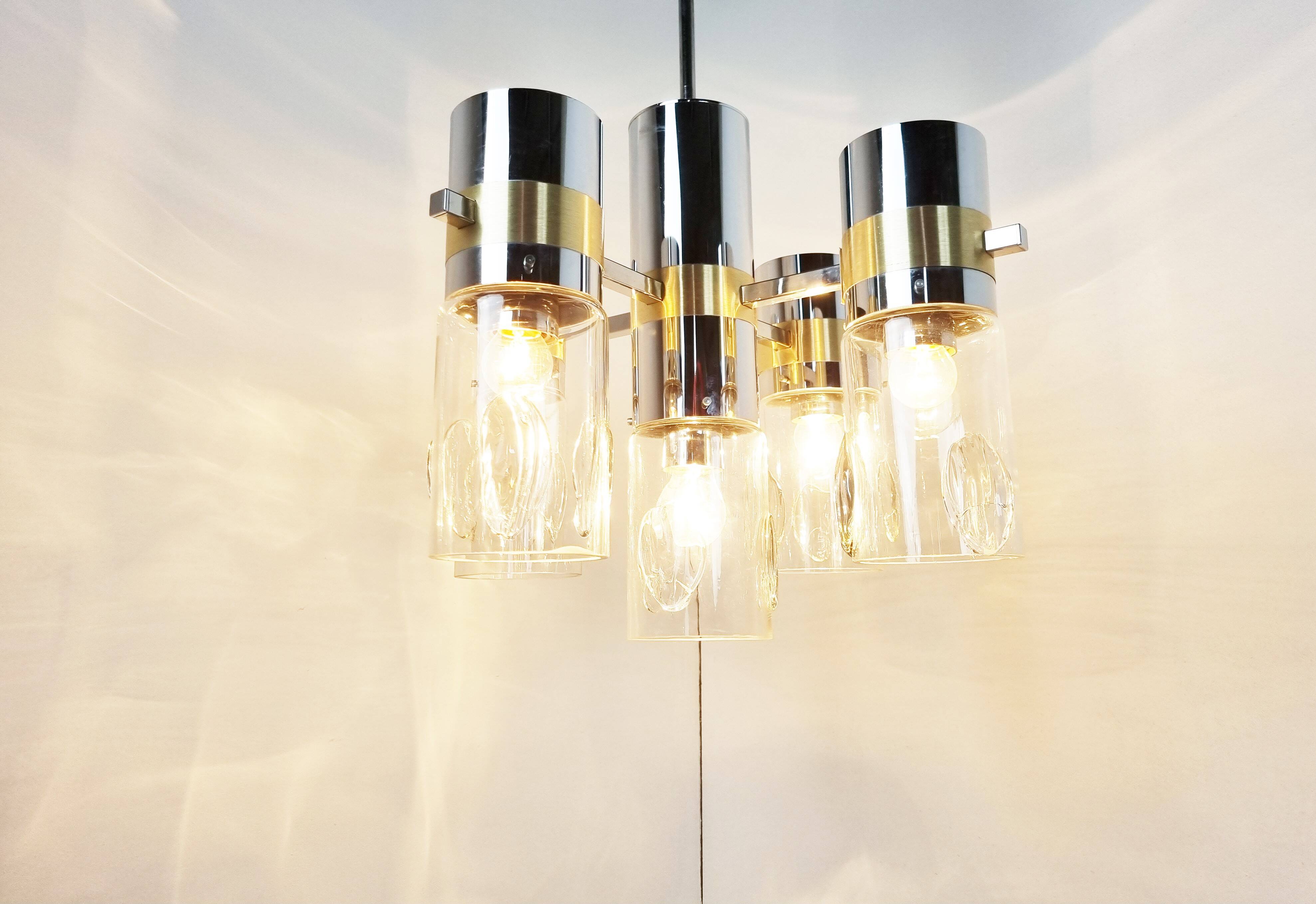 Vintage italian glass and chrome chandelier, 1970s