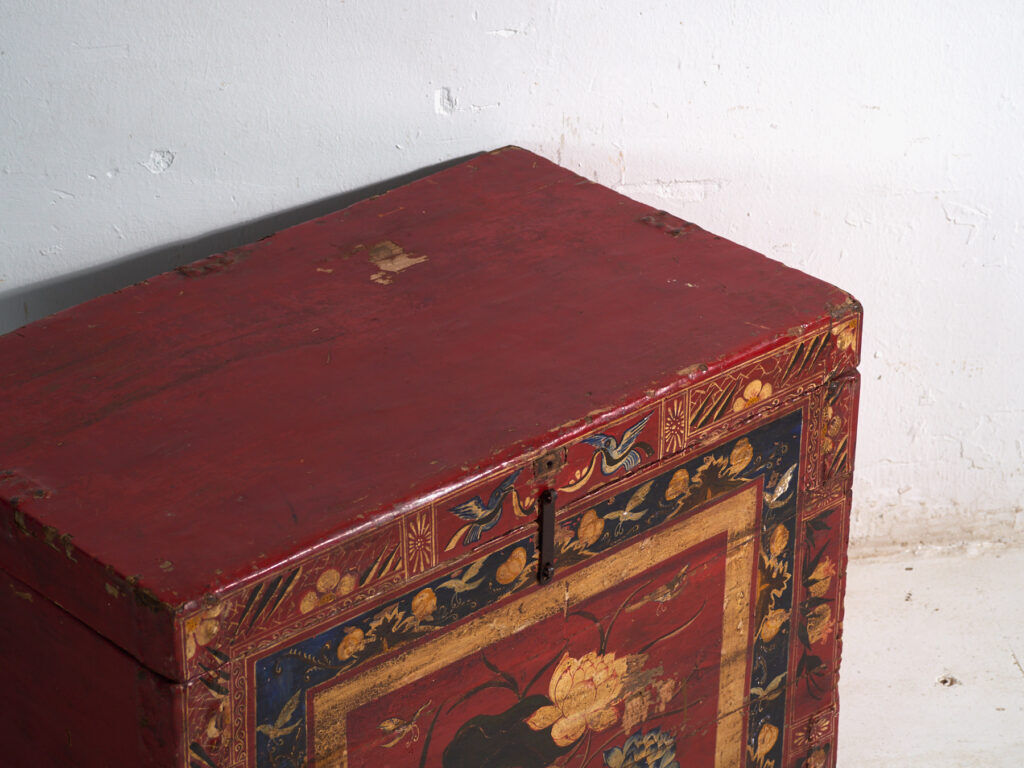 Antique chest painted vermilion red made of pine – China, circa 1900