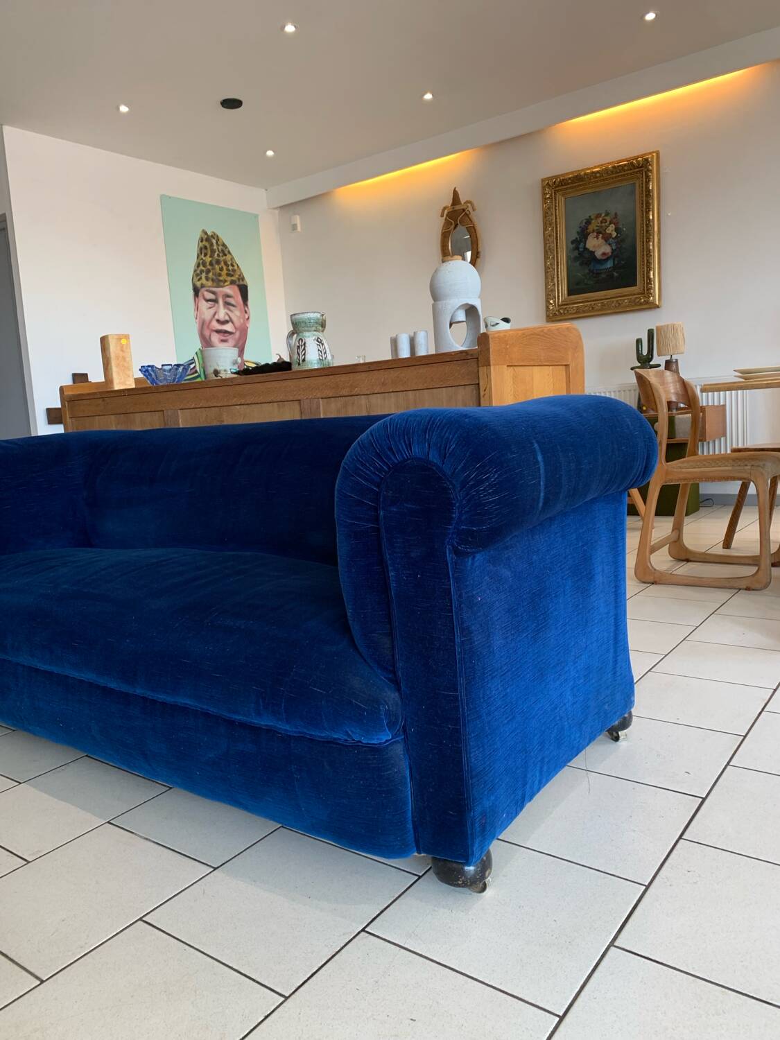 English Velvet Sofa, Blue, Circa 1950s Vintage