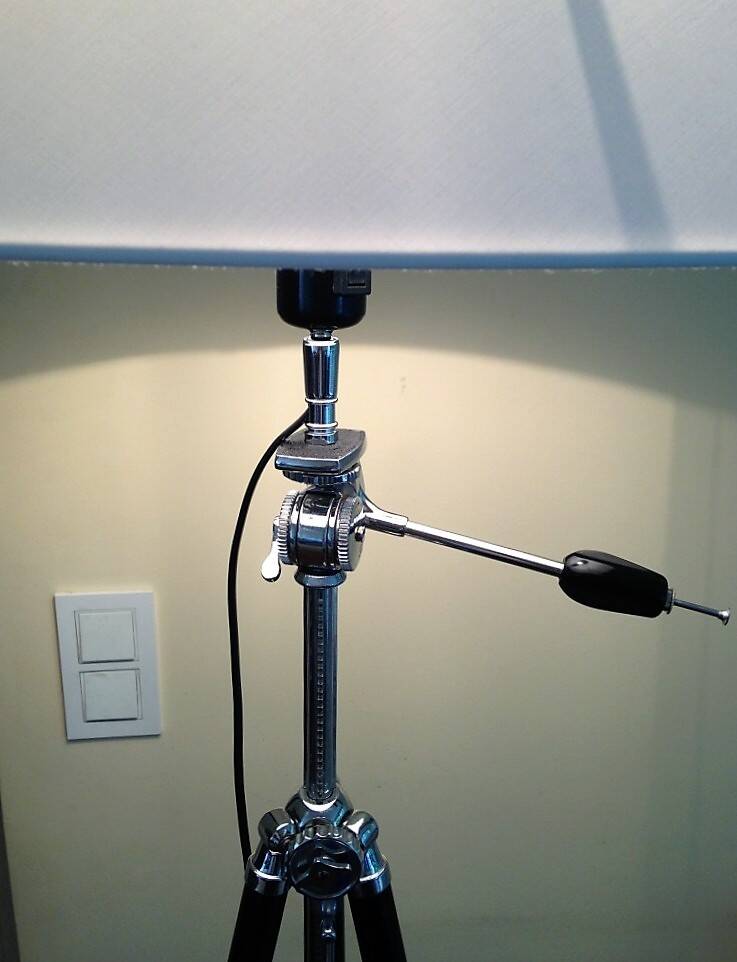 large floor lamp created with old black and chrome photo tripod