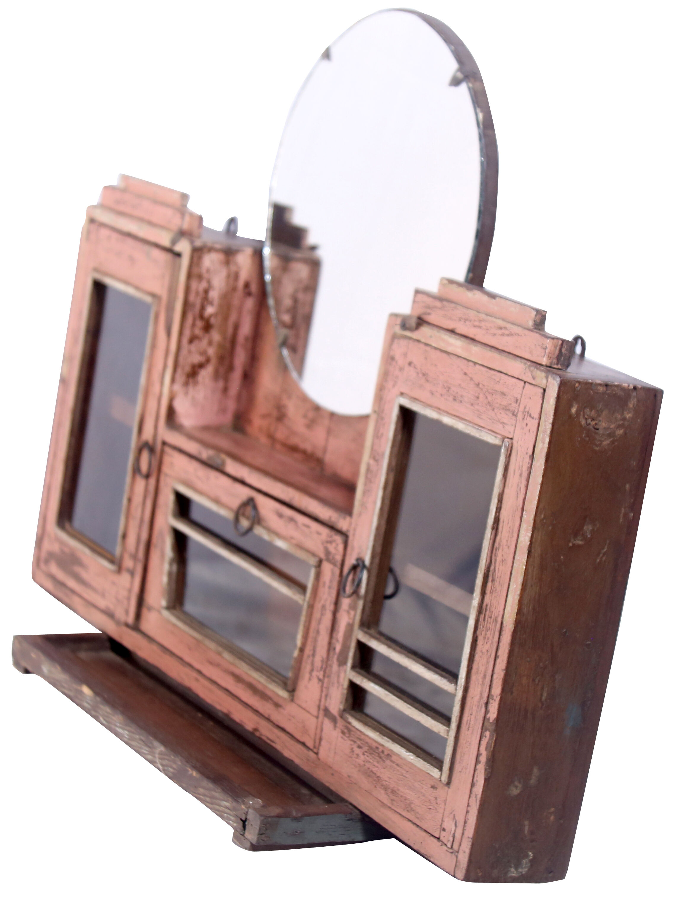 Tryptic wall shelf in ancient Burmese teak with round mirror