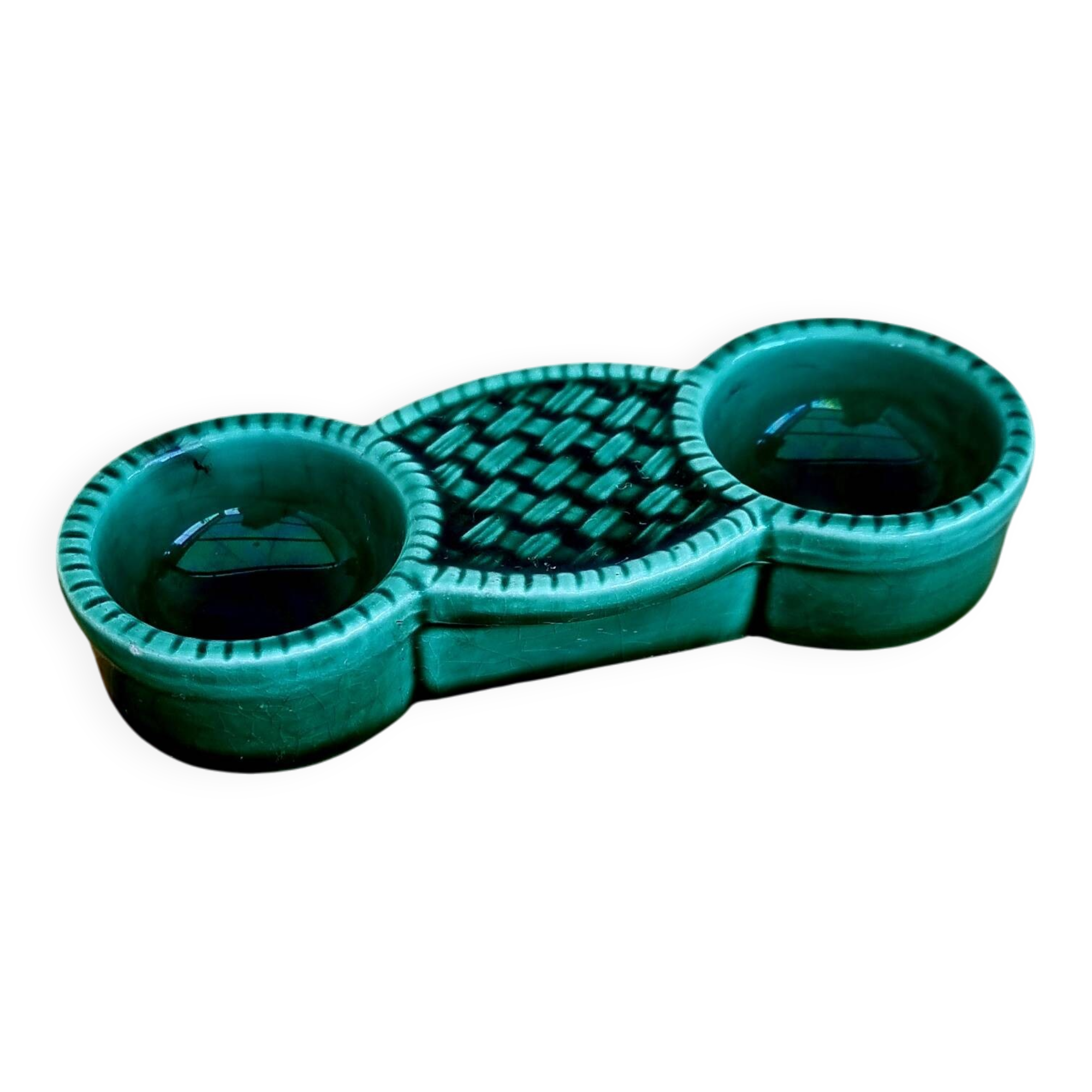 Salière double vintage en céramique vert émaillé 60's