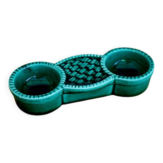 Salière double vintage en céramique vert émaillé 60's