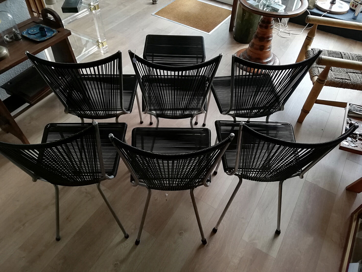 Suite of 6 Chairs and 1 Scoubidou stool André MONPOIX 1960