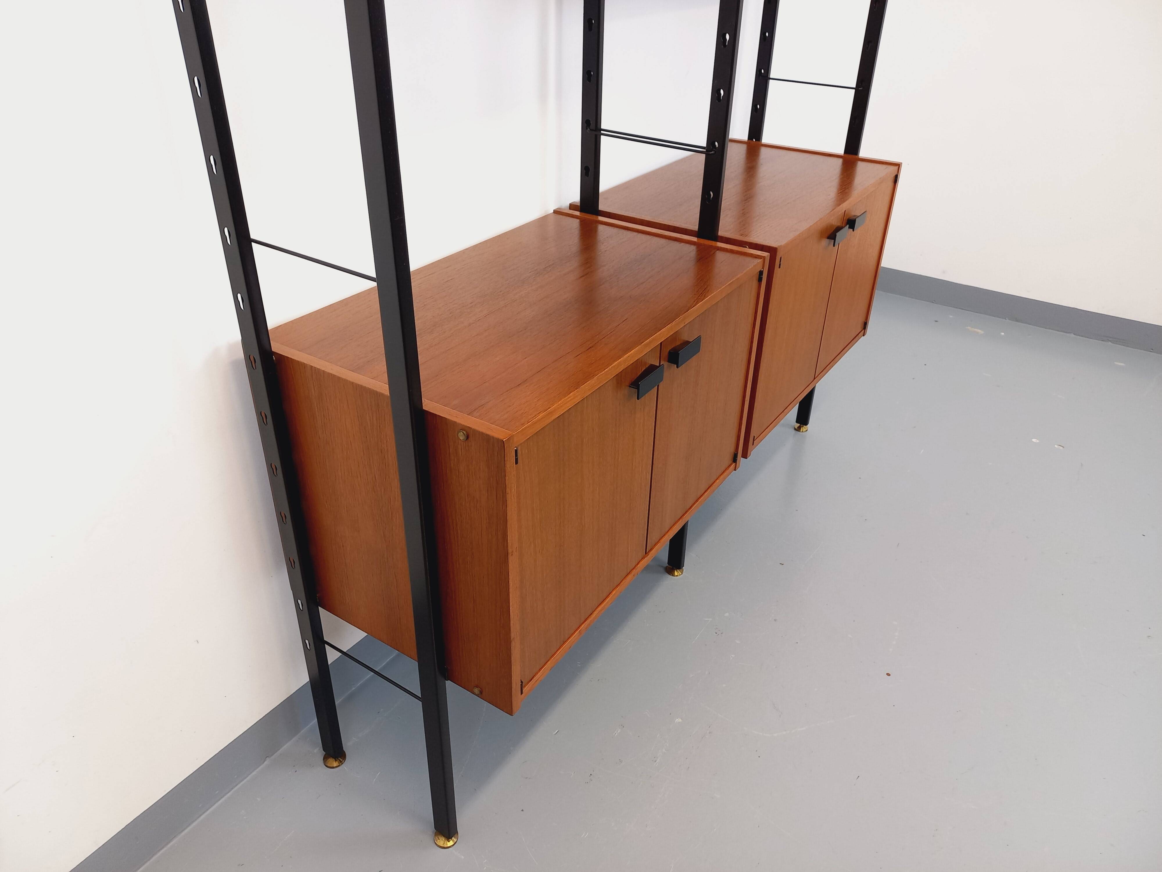 Vintage Italian double modular shelf bookcase in teak and metal
