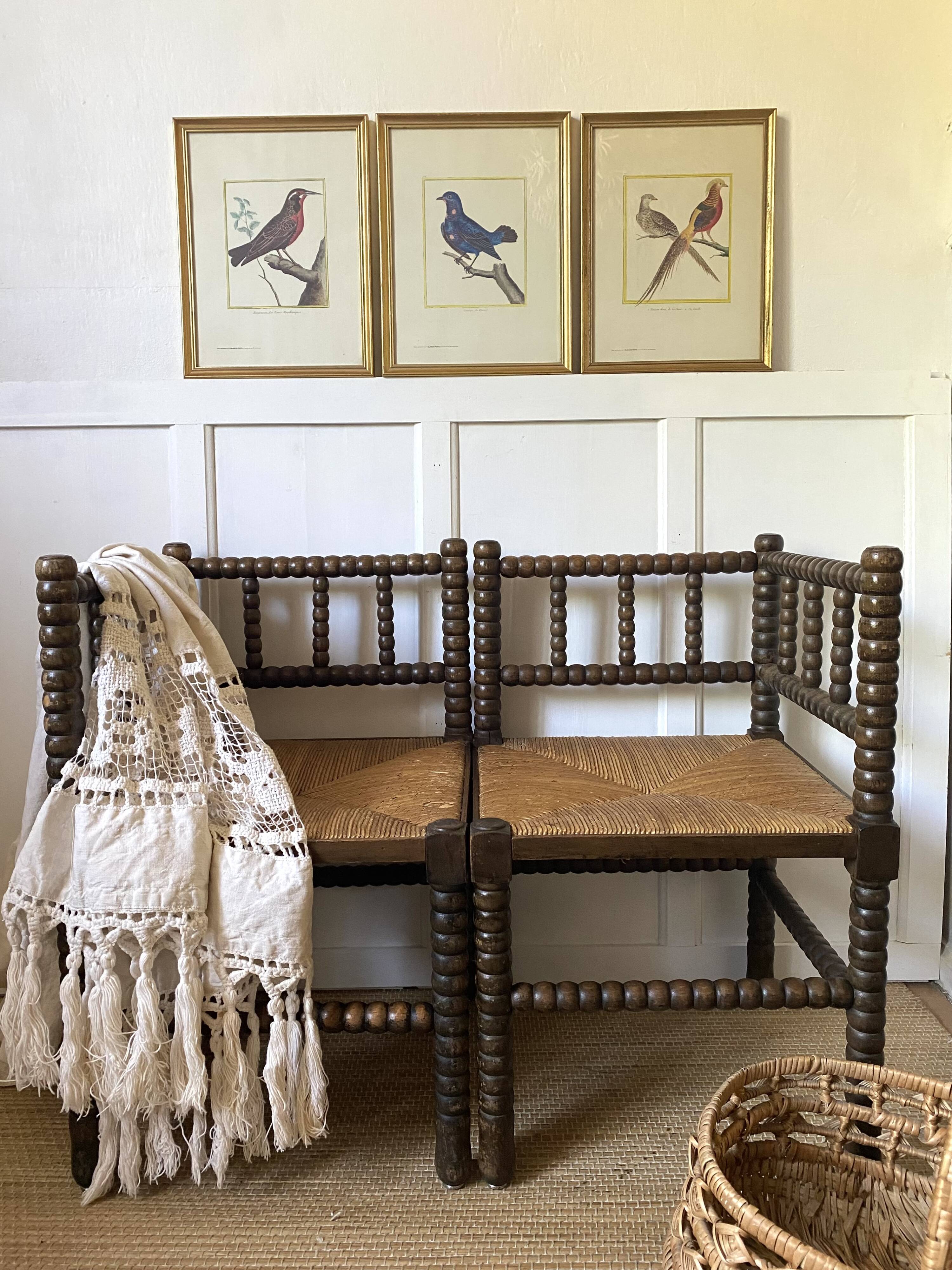 Pair of turned wood corner chairs, fireside chairs