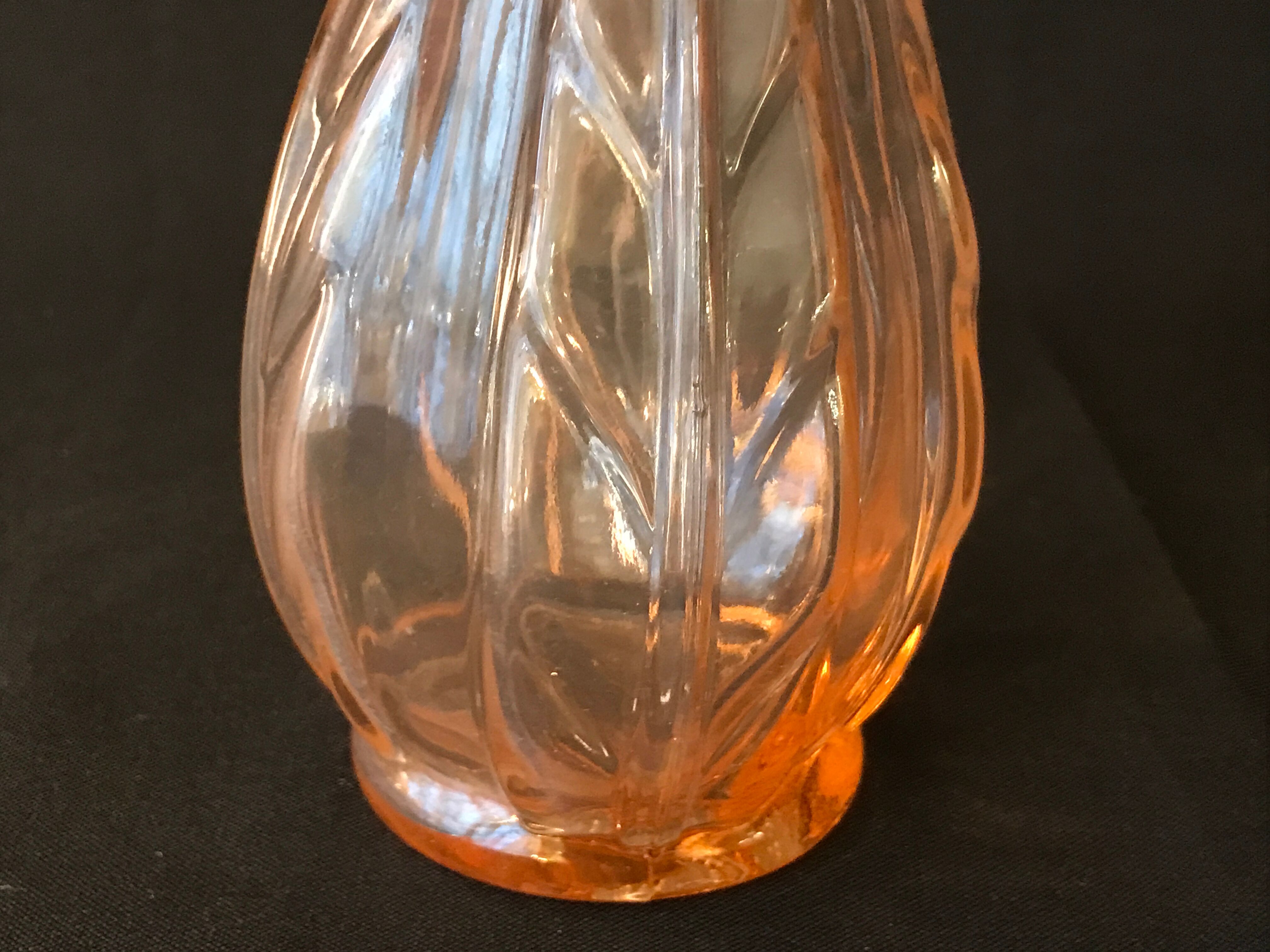 Antique art deco hyacinth vase in pink molded glass leaf pattern