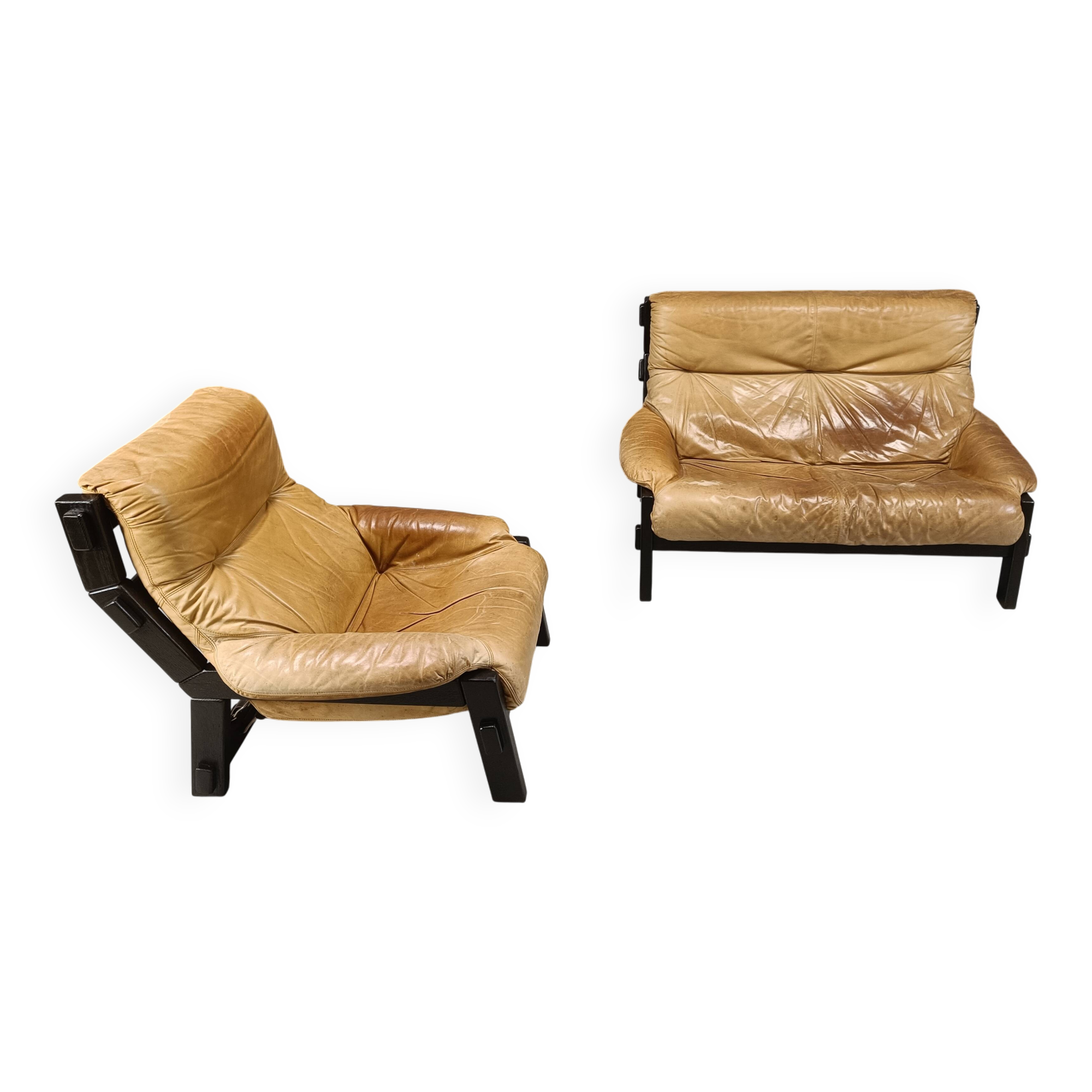 Vintage brown leather sofa set, 1960s