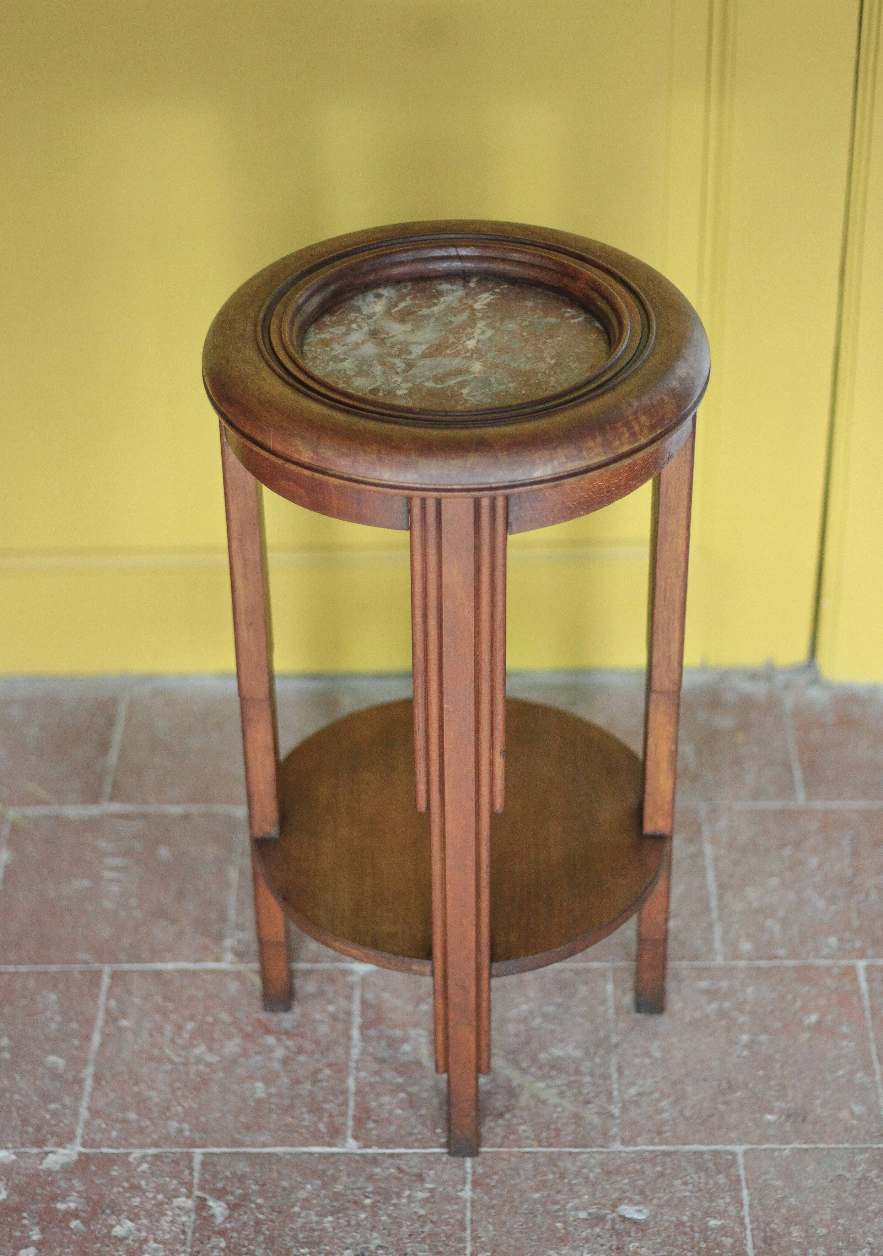 Vintage wooden side table, wooden and marble pedestal table, wooden pedestal, plant stand.