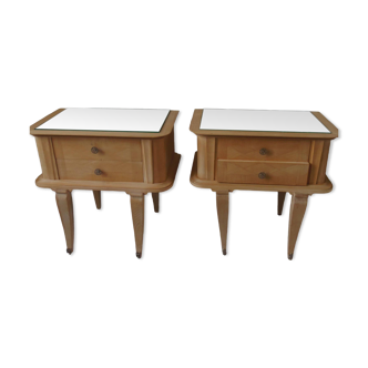 Pair of art deco bedside tables (1930-1940) in raw wood, two drawers, mirrored tops,