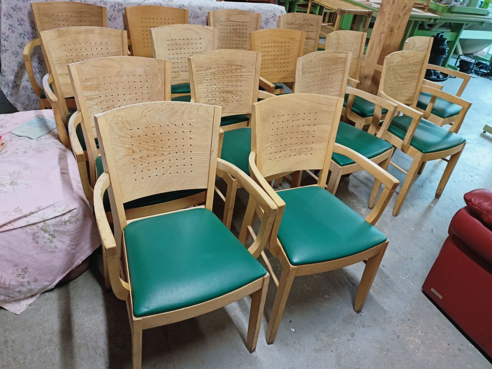 Set of 16 vintage Fameg wooden bistro armchairs