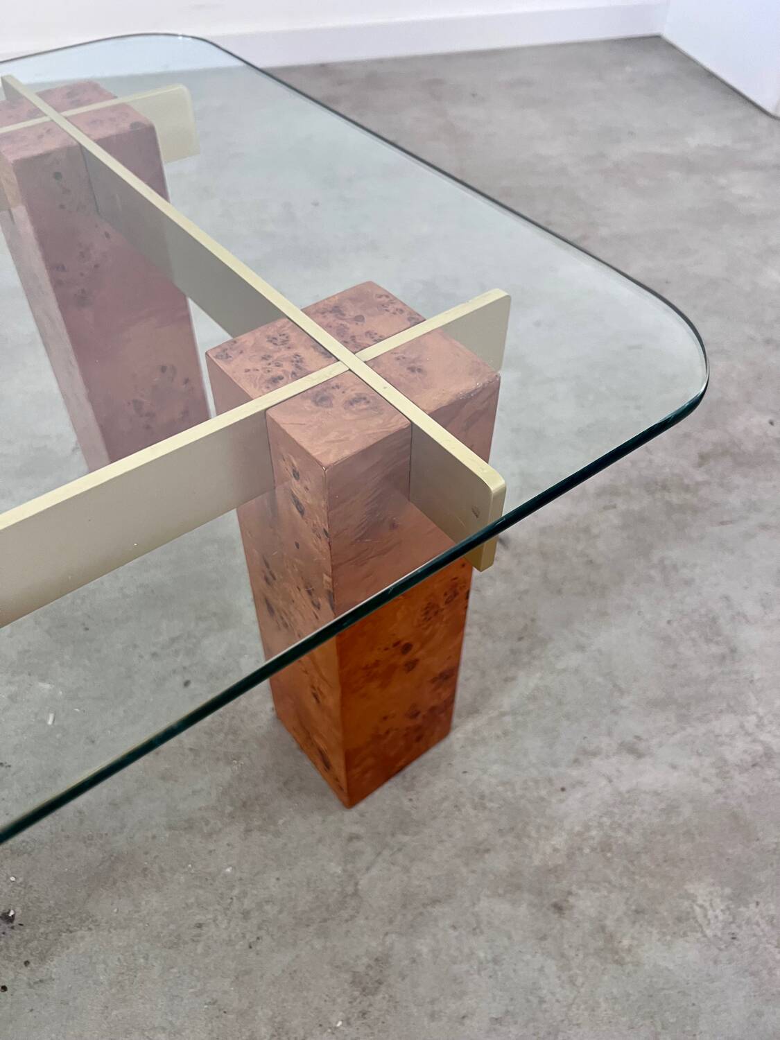 Old glass and burl coffee table Italian design from the 70s vintage