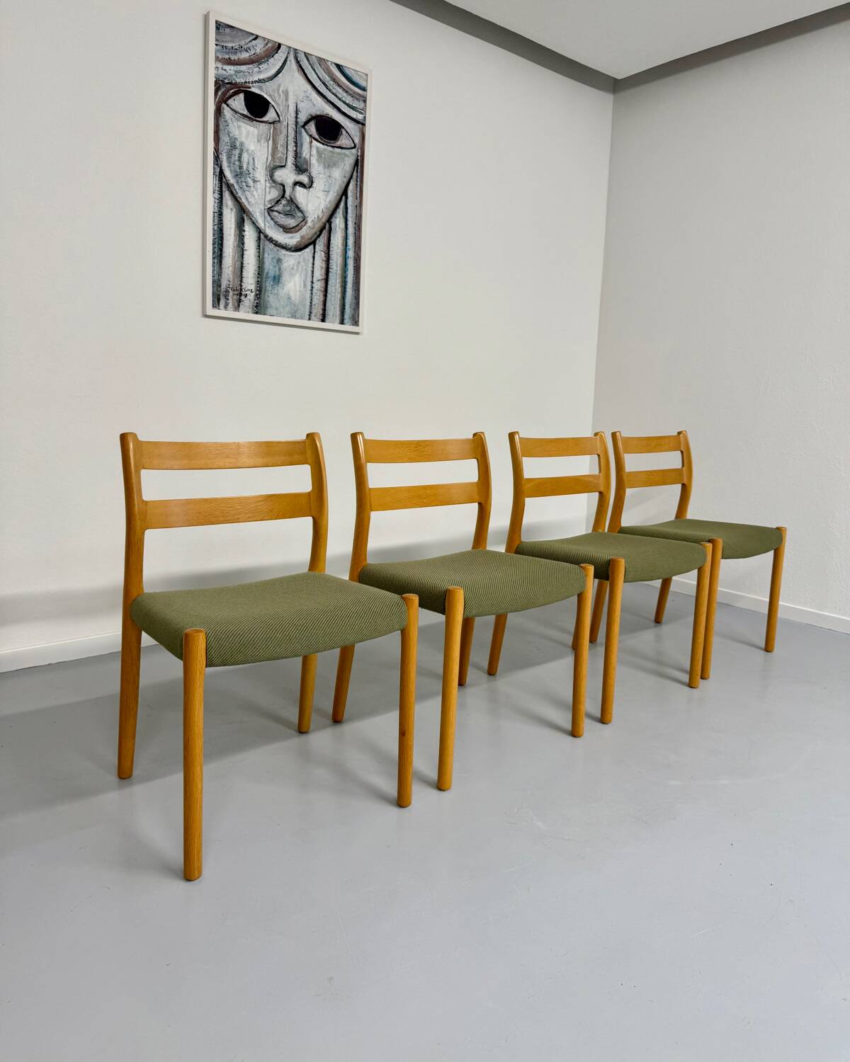 Set of 4 beech chairs designed by Niels Otto Møller, solid vintage beech