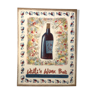 Lithographie originale de cathy millet willi's wine bar paris, 1986
