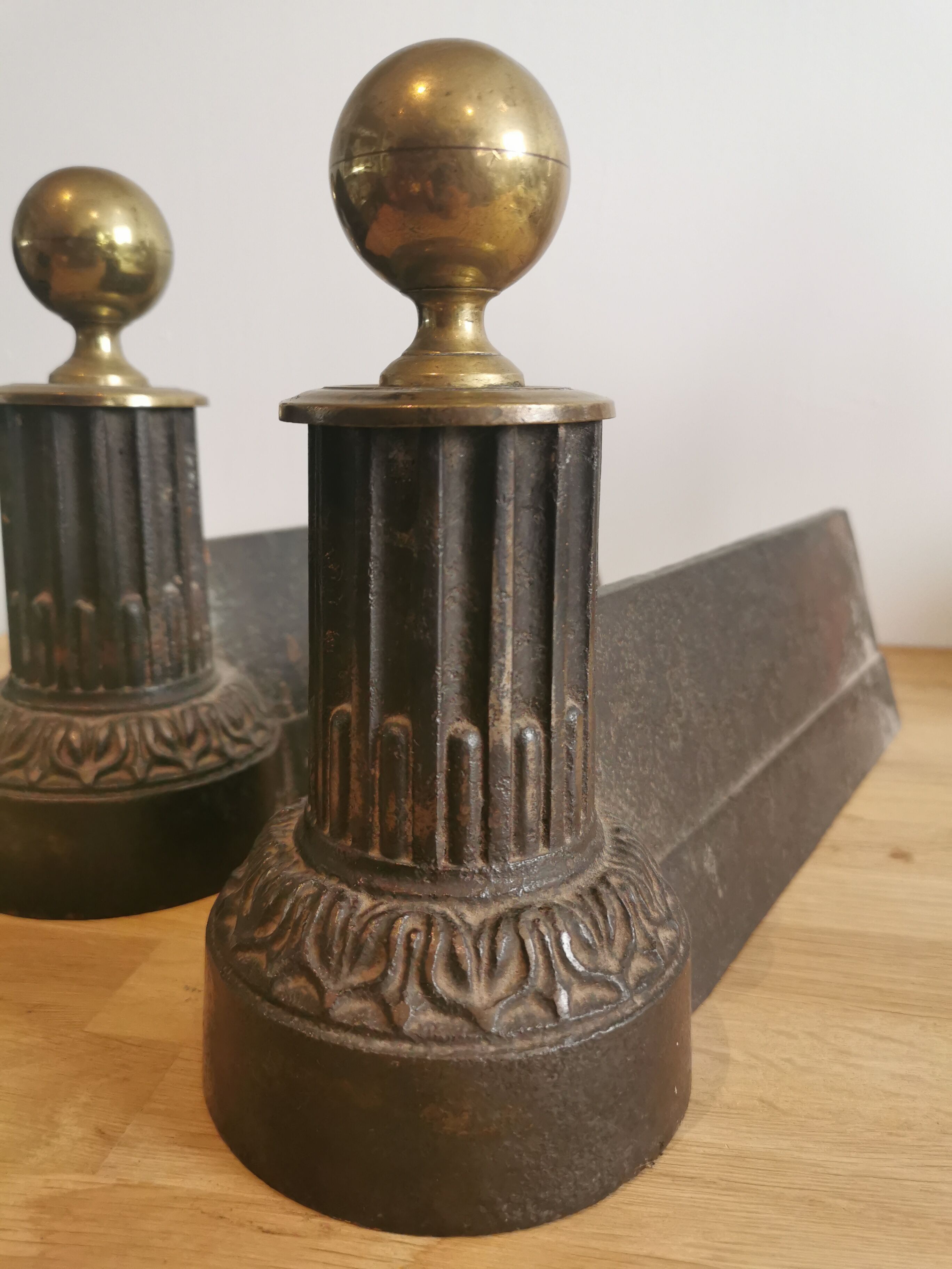 2 cast iron and brass chenets