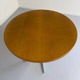 Old round table in solid wood and metal, vintage 70s design