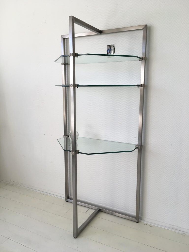 Stainless steel and glass wall shelf, bookcase by Peter Ghyzy, model pioneer