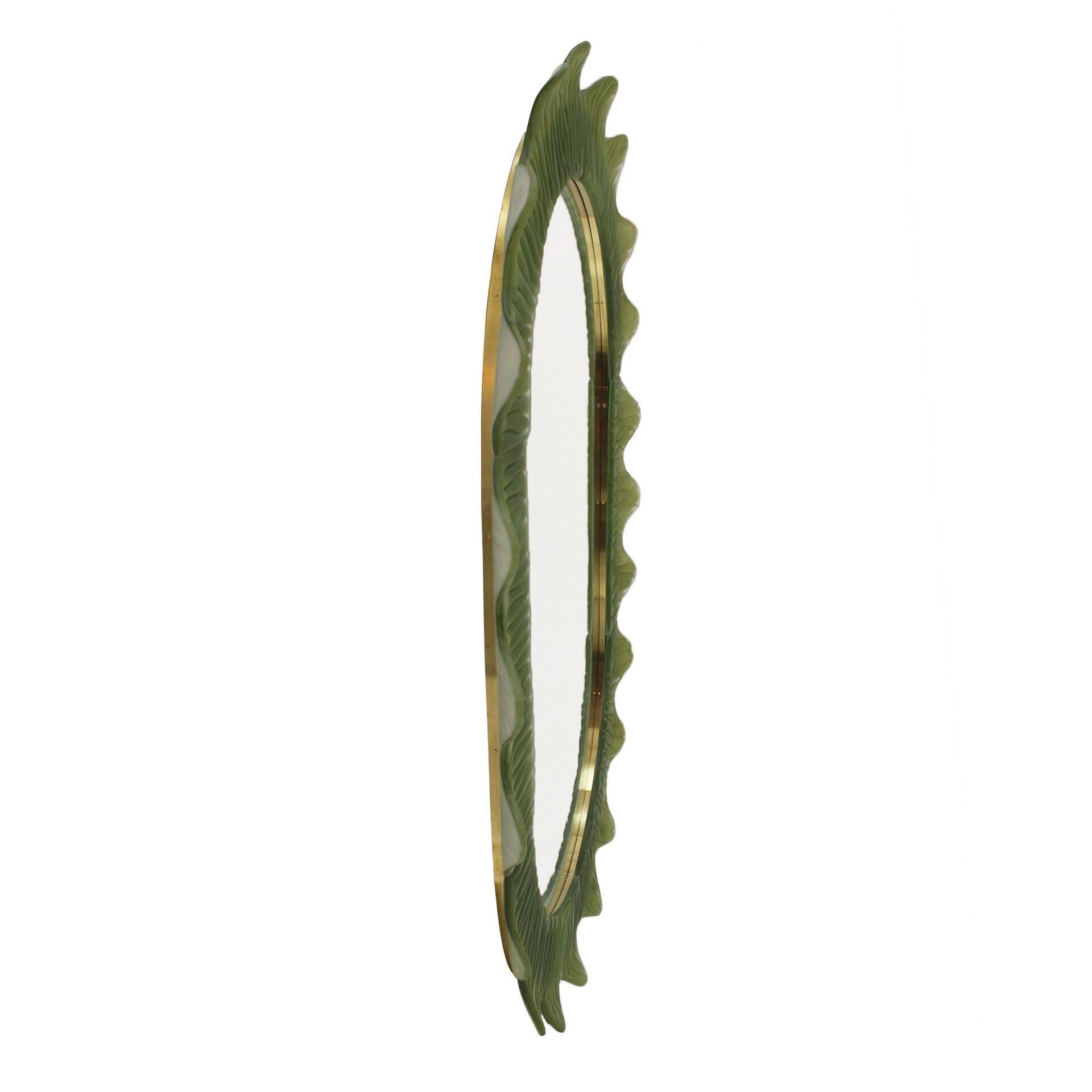 Organic-Shaped Green Italian Mirror Made of Murano Glass and Brass