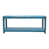 Ancienne table de métier en bois patiné bleu – Console d’atelier