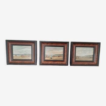 Trois huiles sur toile miniature "Sur la Plage" de Jonnan (XXème)