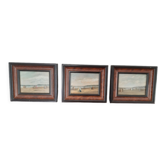 Three oils on miniature canvas "On the Beach" by Jonnan (XXth)