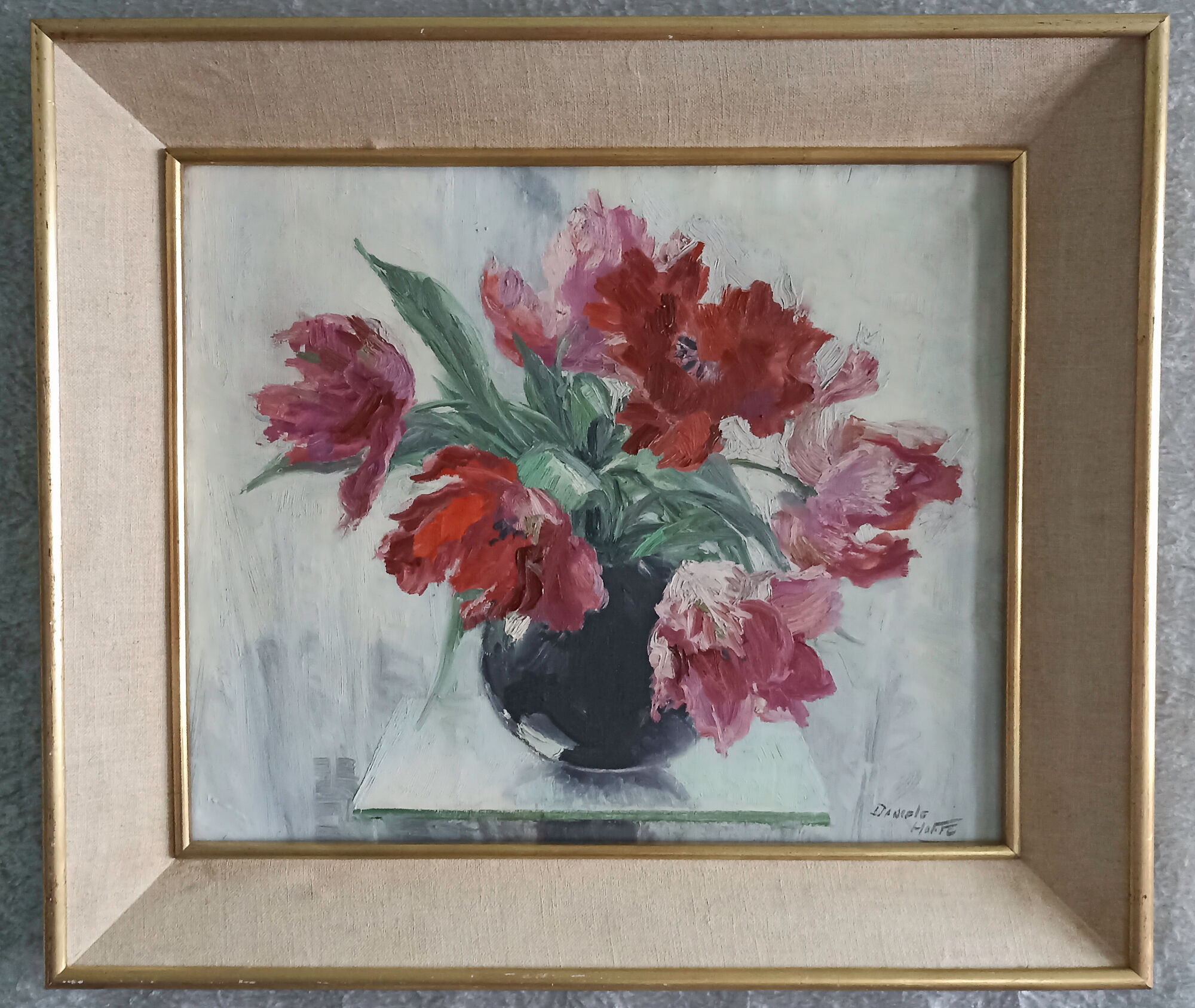 Still life – bouquet of parrot tulips – signed Daniele-Hoffe
