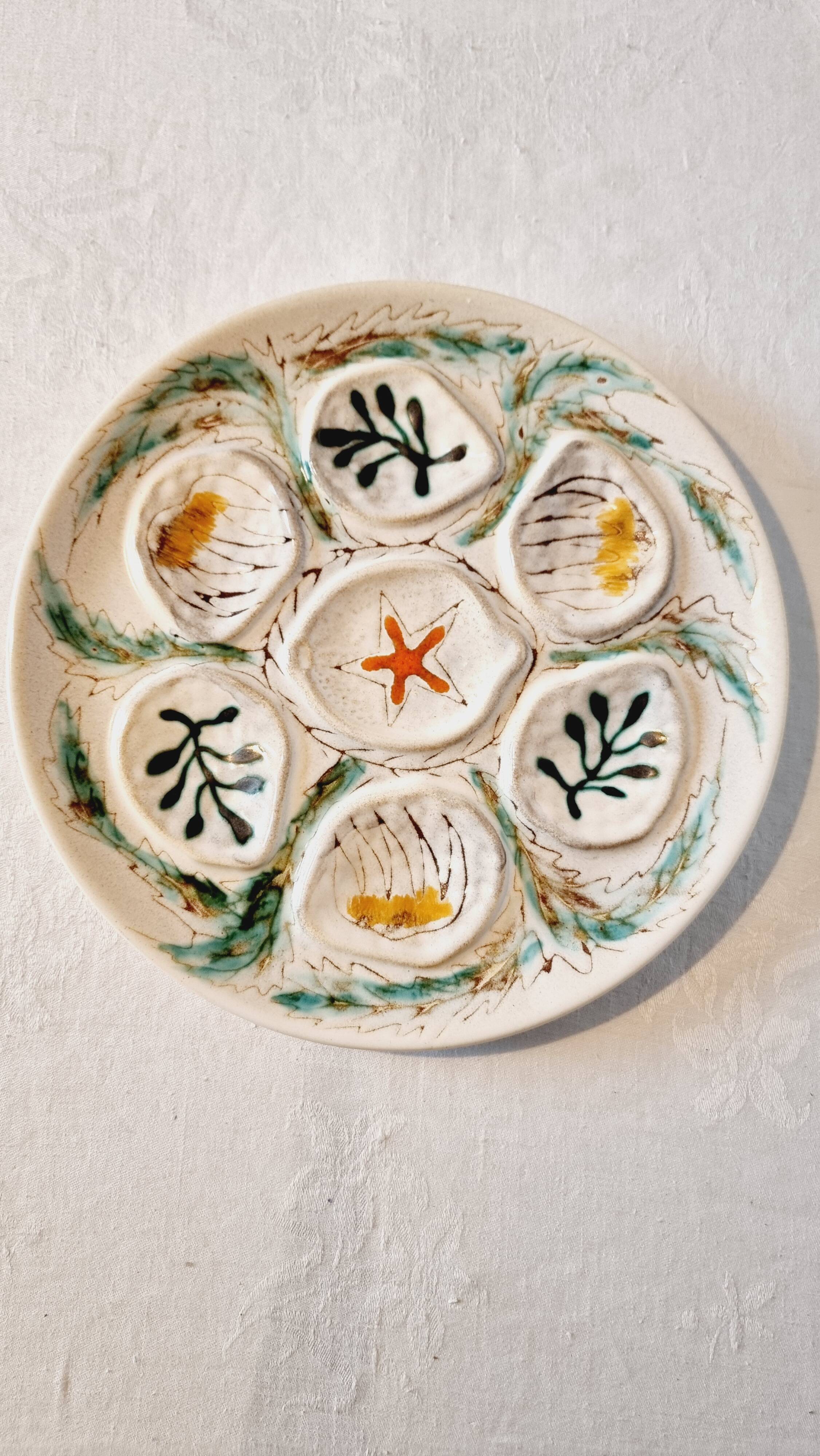 Interesting French porcelain oyster dish MBFA Pornic hand-painted marine M.