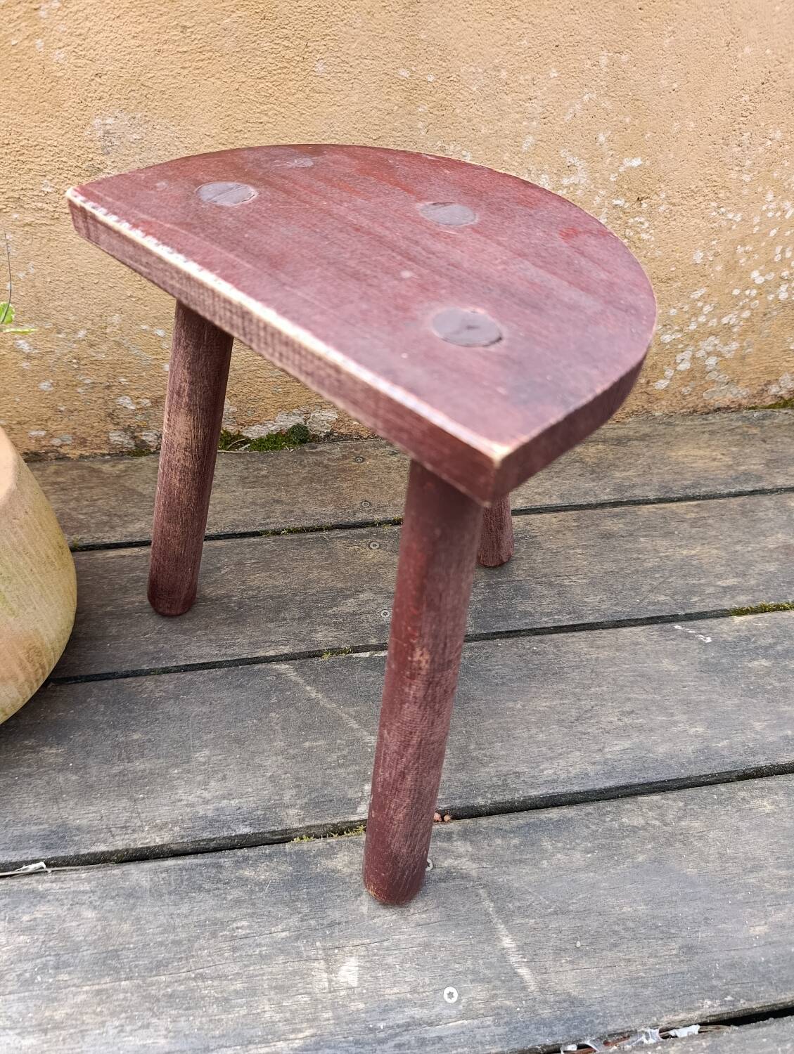 old wooden shepherd's stool tripod half-moon