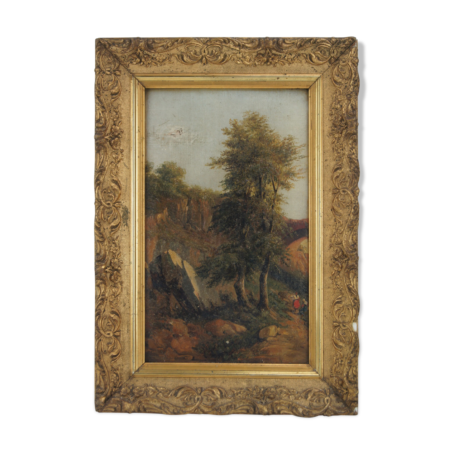French school 19th - Walkers to a bridge - oil on canvas, framed