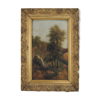 French school 19th - Walkers to a bridge - oil on canvas, framed