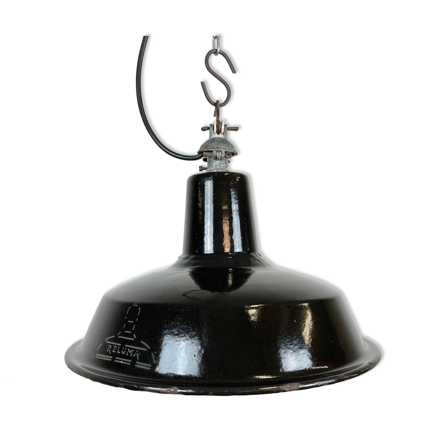 Industrial Black Enamel Hanging Lamp from Reluma, 1950s