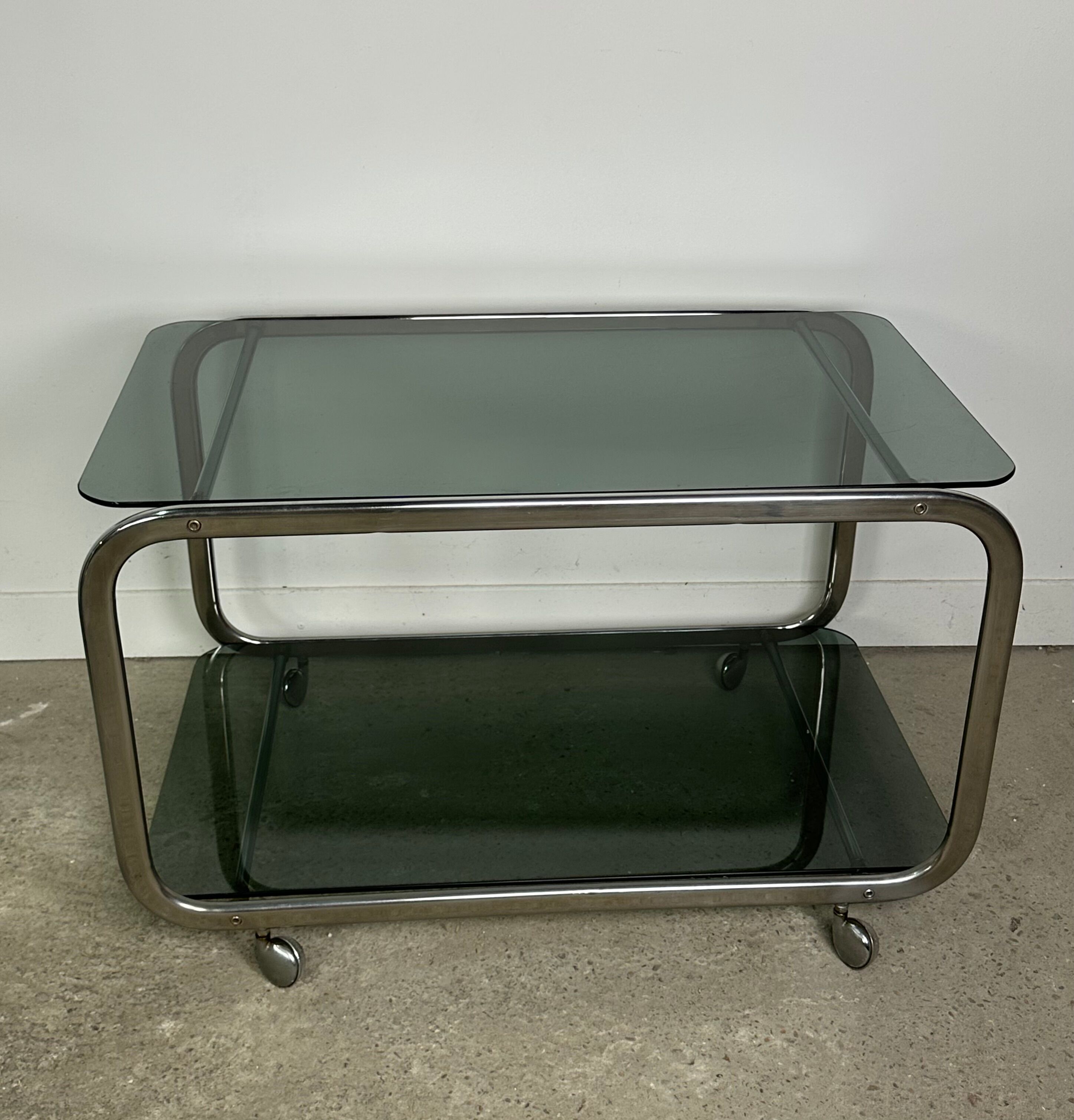 Dessert / rolling table vintage 60'S silver metal top smoked glass