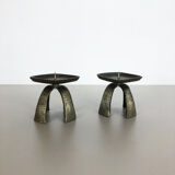 Set of 2 Modernist Vintage 1970s Sculptural Brutalist Metal Candleholder, France