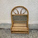 Vintage rattan wall shelf with mirror