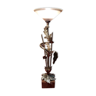 bronze lamp brass floral pattern art nouveau style and opaque pink glass 52x18 cm 5kg