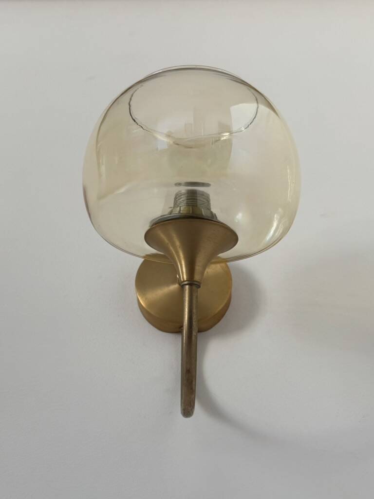 Pair of vintage wall lights in brass and smoked glass, France, 1970.