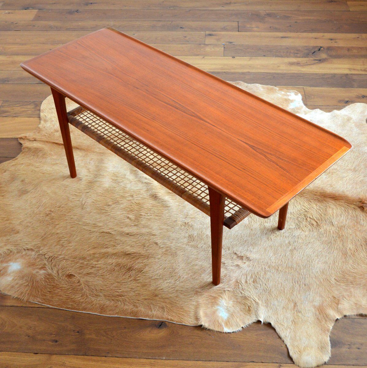Coffee table double top Danish design teak and rattan 1960