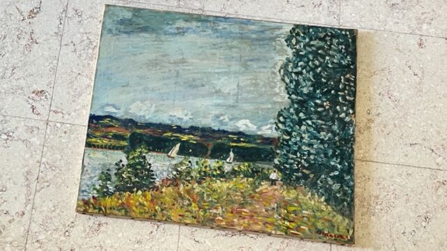 Oil on canvas landscape with 2 boats