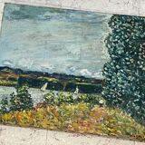 Oil on canvas landscape with 2 boats
