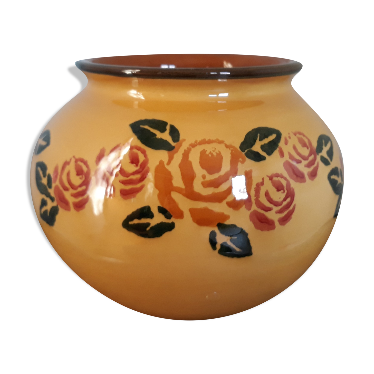 Ceramic vase enamelled yellow mustard ball shape