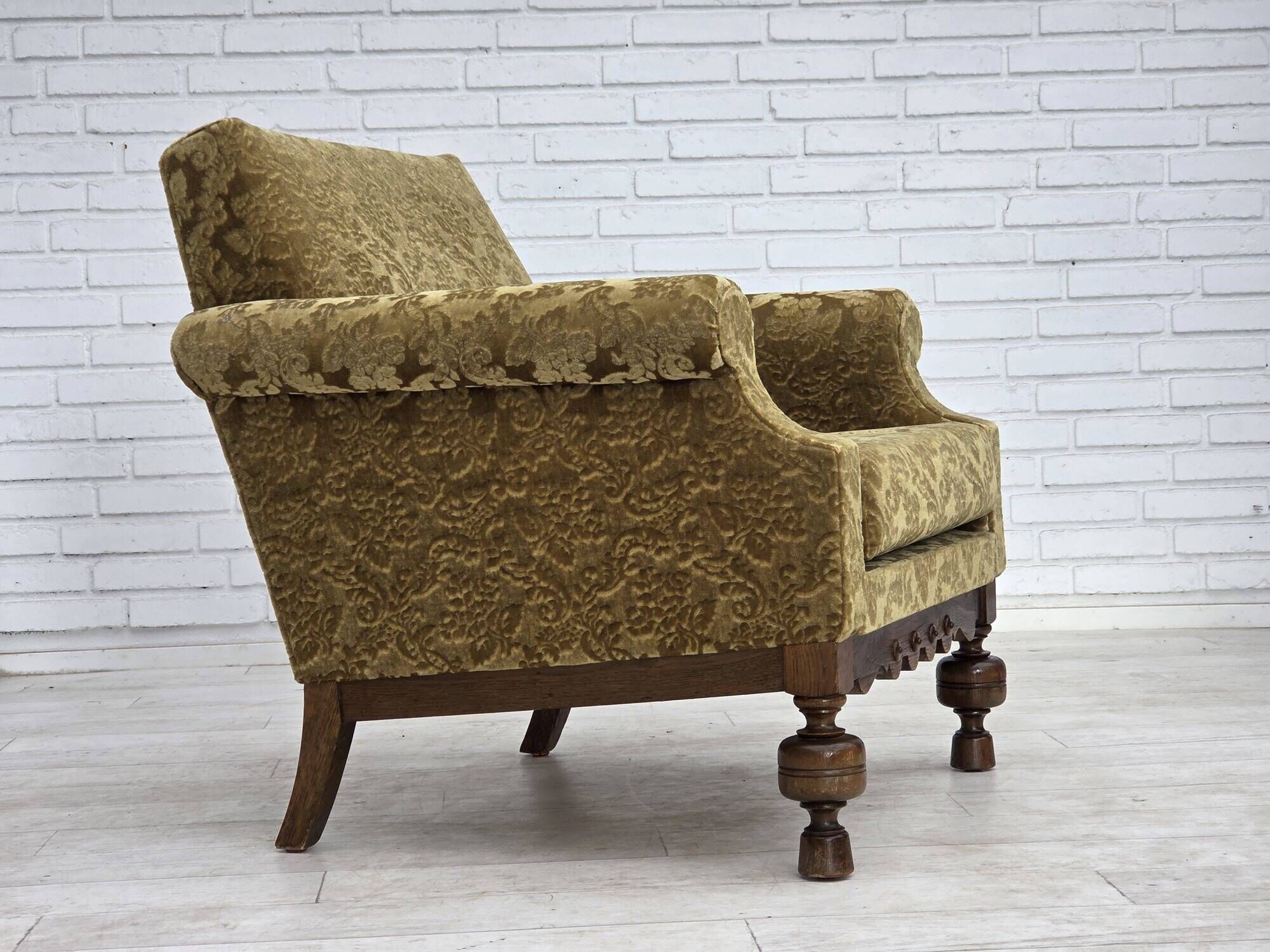 1960s, Danish armchair, furniture velour, carved oak wood.