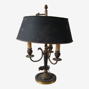 Ancienne lampe bouillotte 3 feux bronze tête d'aigle pomme de pin abat jour tôle déco bureau