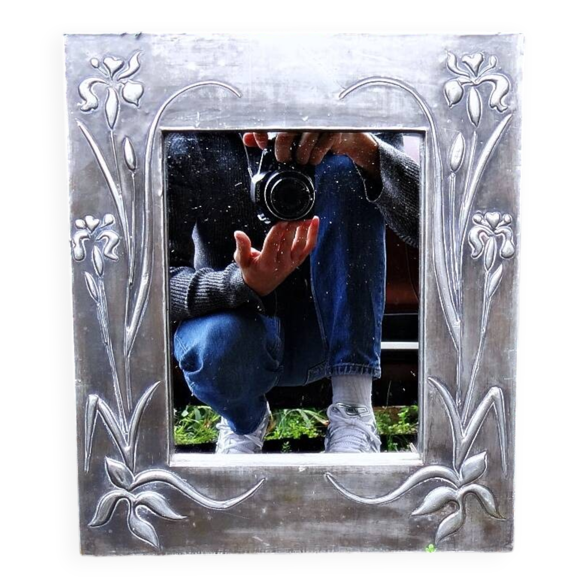 Vintage 70s Art Nouveau style hand-embossed tin wall mirror