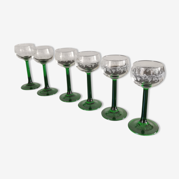 Verres à vin d'Alsace vintage à pieds vert décors Grappes de Raisin et de Vignes