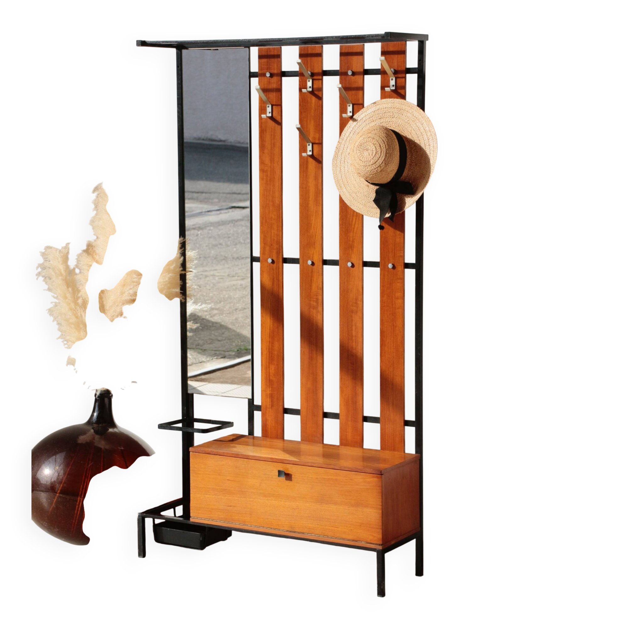 Vestiaire d’entrée vintage – Meuble à patères, miroir et rangements