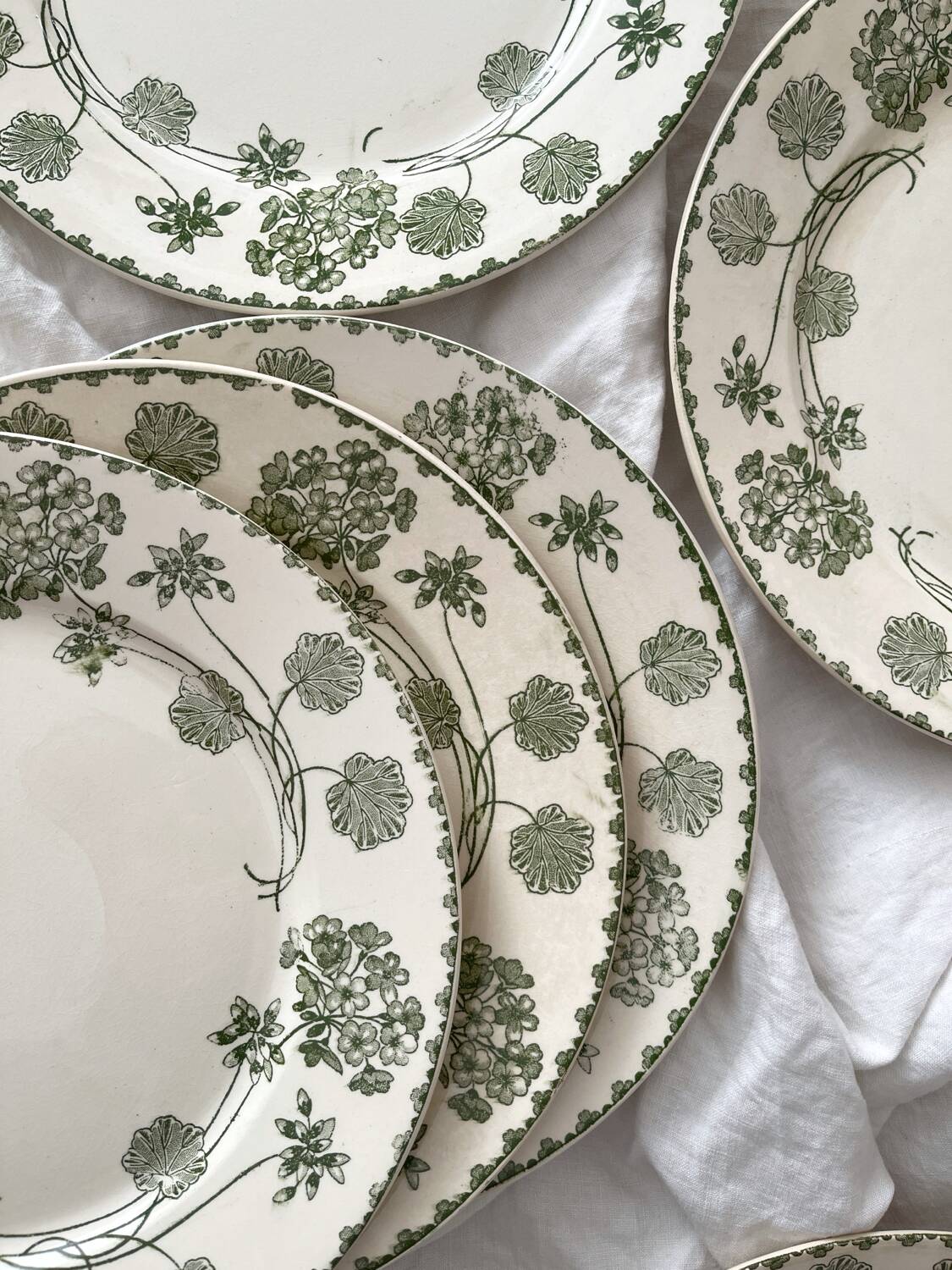 6 antique flat plates made of ironstone "Géranium" Sarreguemines